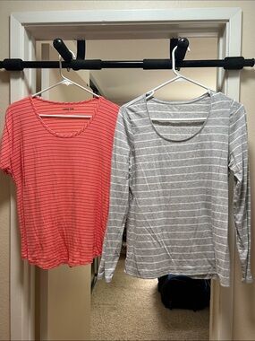 Lands’ End Striped Scoop Neck Tee set - Coral and Gray